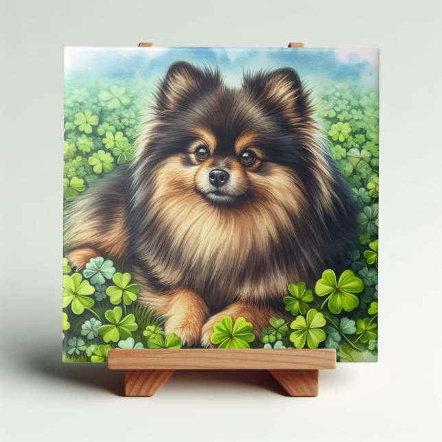 Azulejo Brindle Pomeranian Watercolor Clover Shamrock (Subido por el creador)