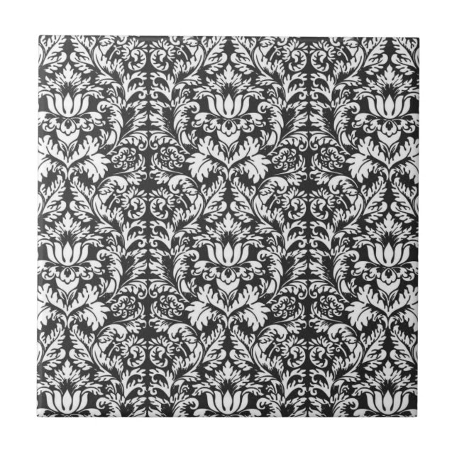 Azulejo Brocade Lace de Damasco Blanco Negro (Frente)