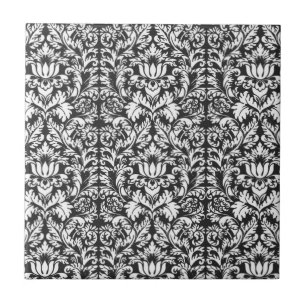 Azulejo Brocado de encaje damasco vintage en blanco y negr
