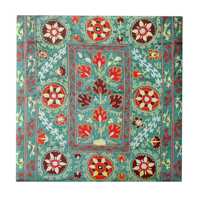 AZULEJO BROIDERÍA UZBEKA ANTIGUA AZUL ROJO FLORAL BLANCO (Frente)