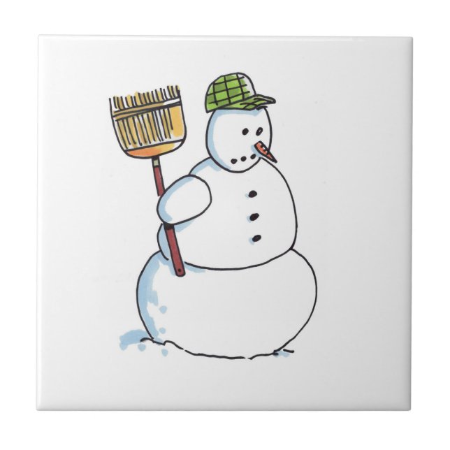 Azulejo Broom Snowman pequeña cerámica (Frente)