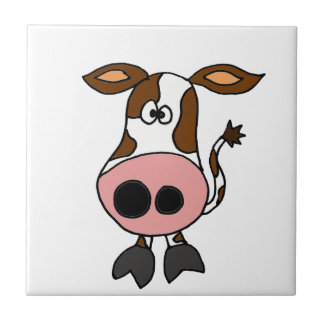 Azulejo Brown divertido y dibujo animado blanco de la vaca