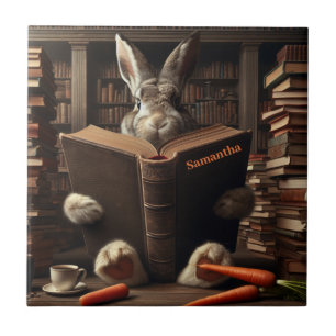 Azulejo Brown Hare leyendo en la biblioteca. Nombre modifi