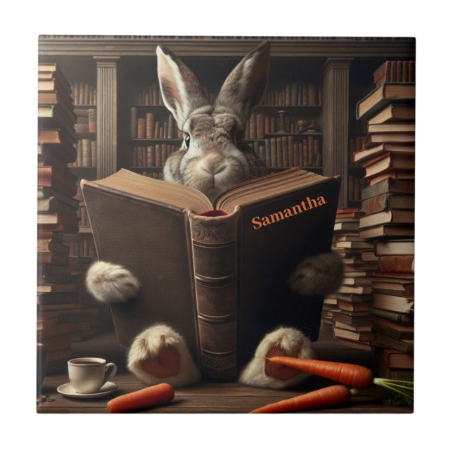 Azulejo Brown Hare leyendo en la biblioteca. Nombre modifi (Frente)