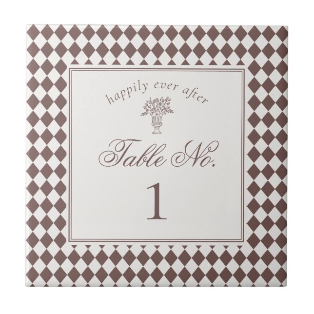 Azulejo Brown Harlequin Checkered Wedding Table Number (Frente)