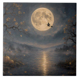 Azulejo Bruja bajo luna llena gótica Halloween lago