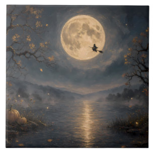 Azulejo Bruja bajo luna llena gótica Halloween lago