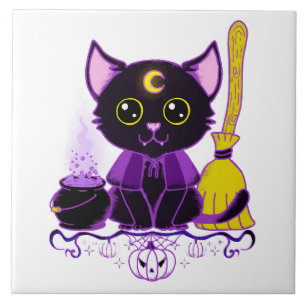 Azulejo Bruja de gato negro de Halloween linda