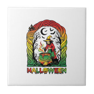 Azulejo Bruja de Halloween Caldero Elaboración Gato Negro 