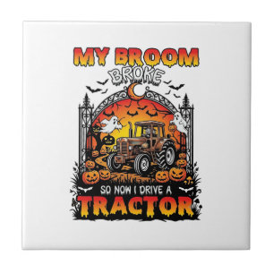 Azulejo Bruja de Halloween con Tractor Roto Escoba Fantasm