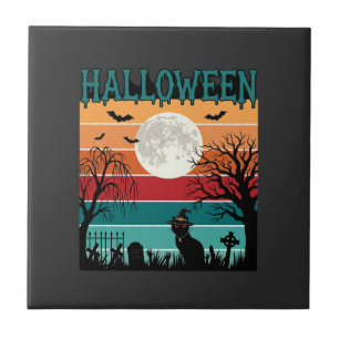 Azulejo Bruja de Halloween Gato Telaraña Luna Cementerio_1