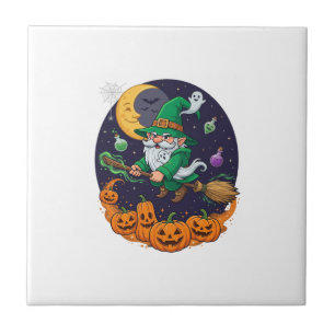 Azulejo Bruja de Halloween Gnome Escoba Calabazas Luna