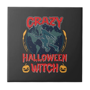Azulejo Bruja de Halloween Loca Calabaza Voladora Luna Esp