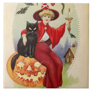 Azulejo Bruja de Halloween vintage y gato negro