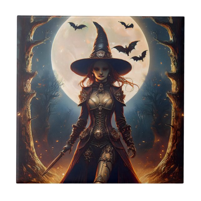 Azulejo Bruja del Bosque Steampunk de Halloween (Frente)