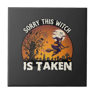 Azulejo Bruja Es Tomada Escoba Árbol Cementerio Halloween_