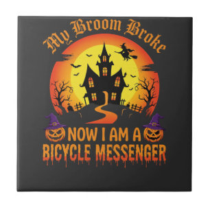 Azulejo Bruja Escoba Mensajero Bicicleta Halloween Rompió