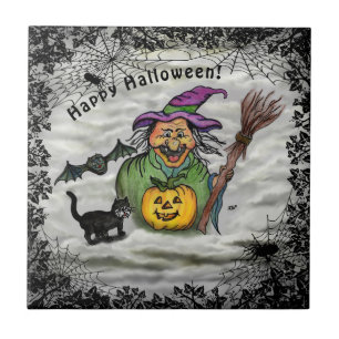 Azulejo Bruja, gato, murciélago y calabaza, ¡Feliz Hallowe