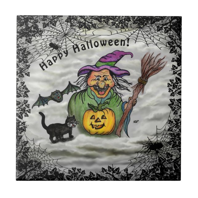 Azulejo Bruja, gato, murciélago y calabaza, ¡Feliz Hallowe (Frente)