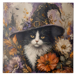 Azulejo Bruja Gótica Fantasiosa Floral Otoñal Gato Negro