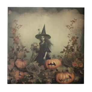 Azulejo Bruja gótica sepia con calabazas y rosas de otoño