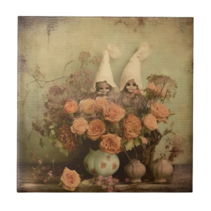 Azulejo Bruja gótica sepia con calabazas y rosas de otoño
