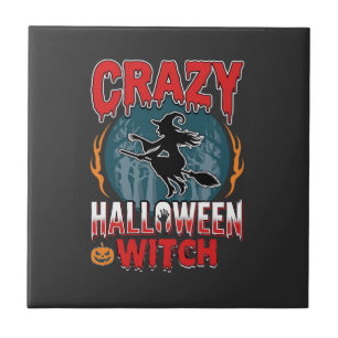 Azulejo Bruja Loca de Halloween Diseño de Terror de Escoba
