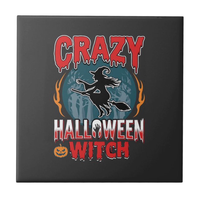 Azulejo Bruja Loca de Halloween Diseño de Terror de Escoba (Frente)