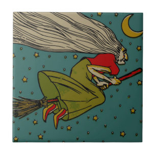 Azulejo Bruja malvada de Halloween vintage volando en esco