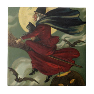 Azulejo Bruja Vintage de Halloween montando escoba con gat