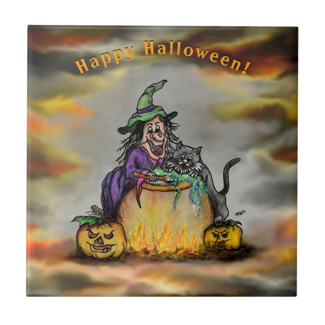 Azulejo Bruja y gato negro, ¡Feliz Halloween! (Frente)