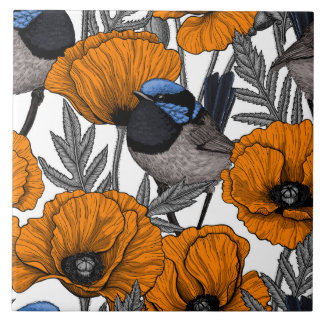 Azulejo Brujas de hadas y flores de amapola naranja 2