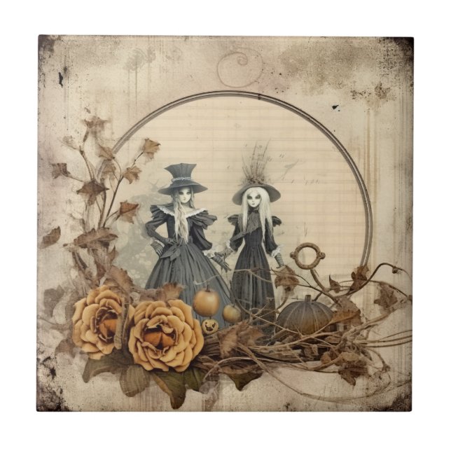 Azulejo Brujas góticas vintage pergamino de otoño (Frente)