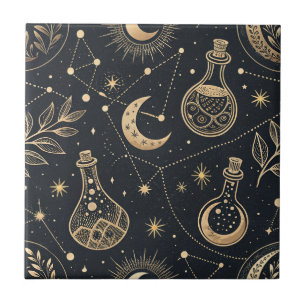 Azulejo Brujería Celestial - Luna Dorada, Frascos de Pocio