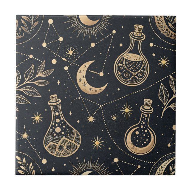 Azulejo Brujería Celestial - Luna Dorada, Frascos de Pocio (Frente)