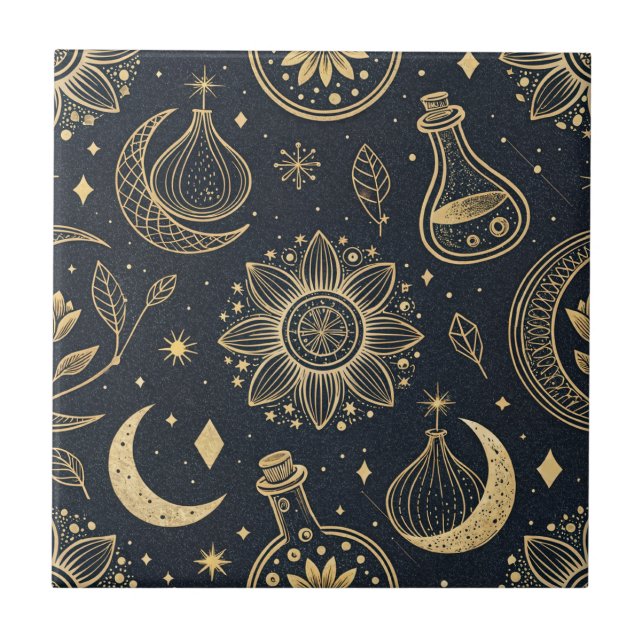 Azulejo Brujería Celestial Mística - Botánico Dorado (Frente)