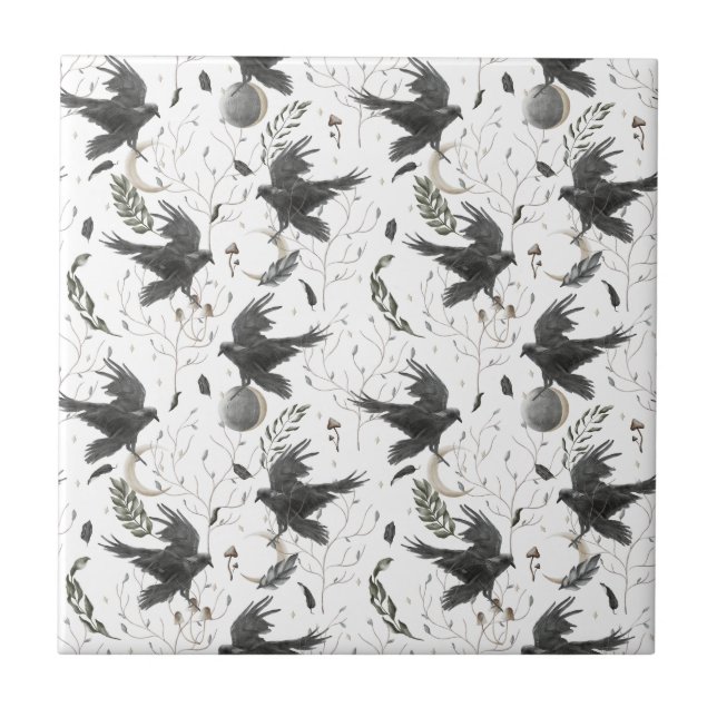 Azulejo Brujería de Raven Negro, Luna y Plantas Silvestres (Frente)