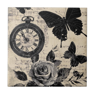 Azulejo Brújula Mariposa Floral Sepia Vagabundo