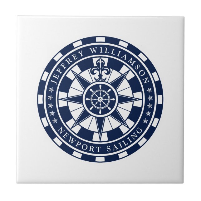 Azulejo Brújula náutica, azul y blanco, náutica (Frente)