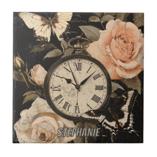 Azulejo Brújula Vintage Mariposa Floral Marrón