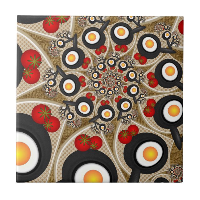 Azulejo Brunch Fractal Art Comida divertida, Tomates, Huev (Frente)