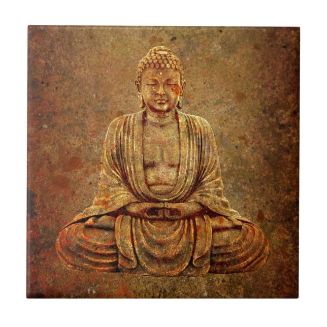 Azulejo Buda que se sienta con el fondo de piedra (Frente)