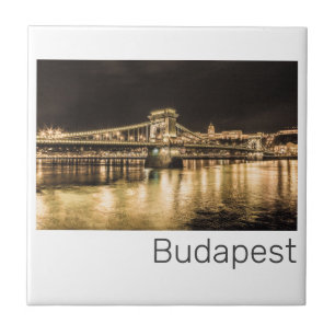 Azulejo Budapest Chain Bridge Hungría Retro Noche Vintage
