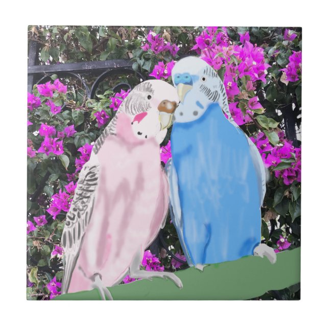 Azulejo Budgies y Bougainvillea de besos rosas y azules (Frente)