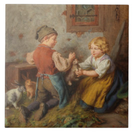 Azulejo Buenos Amigos (Jóvenes Jugando Con Conejo Mascota)