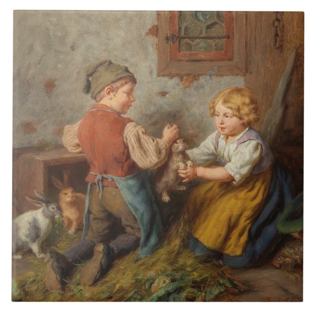 Azulejo Buenos Amigos (Jóvenes Jugando Con Conejo Mascota) (Frente)