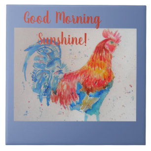 Azulejo Buenos días Sunshine Blue Red Rooster Tile