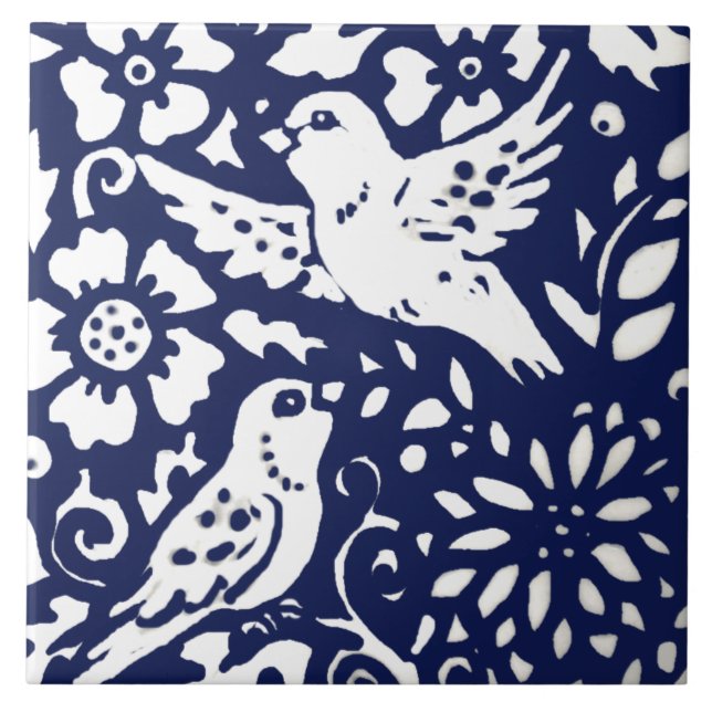 Azulejo Buey Floral de pájaro azul marino Trivet (Frente)