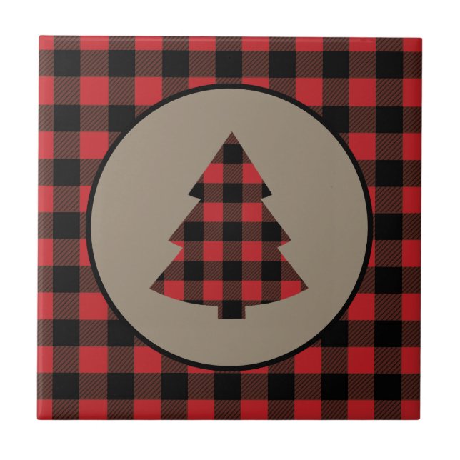 Azulejo Búfalo Negro Rojo Tile de árbol de Navidad (Frente)