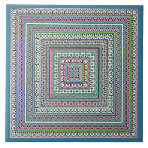 Azulejo Bufanda étnica cuadrada azul y verde con adornos